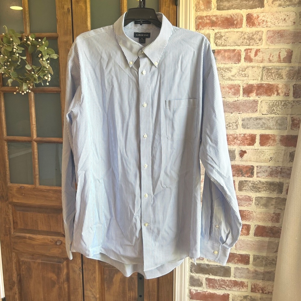 Lands' End Button Down Shirt Men XL Blue White Striped No Iron Pinpoint Oxford